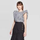 Women's Striped Ruffle Short Sleeve Crewneck Babydoll Top - Who What Wear Black