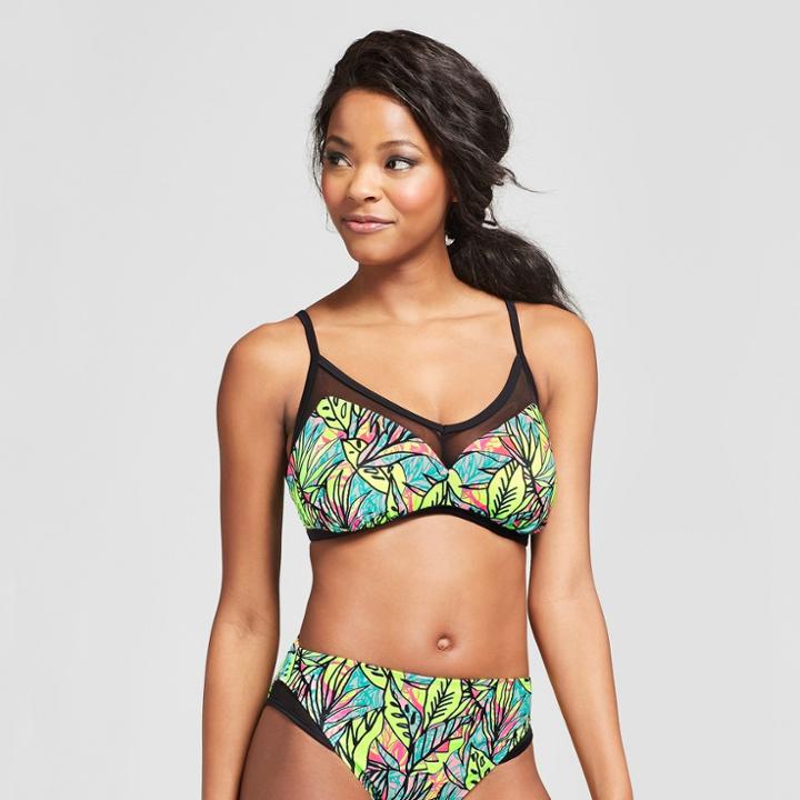 Women's Mesh Inset Bralette Bikini Top - Xhilaration Neon Tropical D/dd Cup,