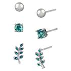 Target Women's Studs Earrings Sterling Silver Three Pairs Ball Stud & Leaf With Crystal Stones-silver/green