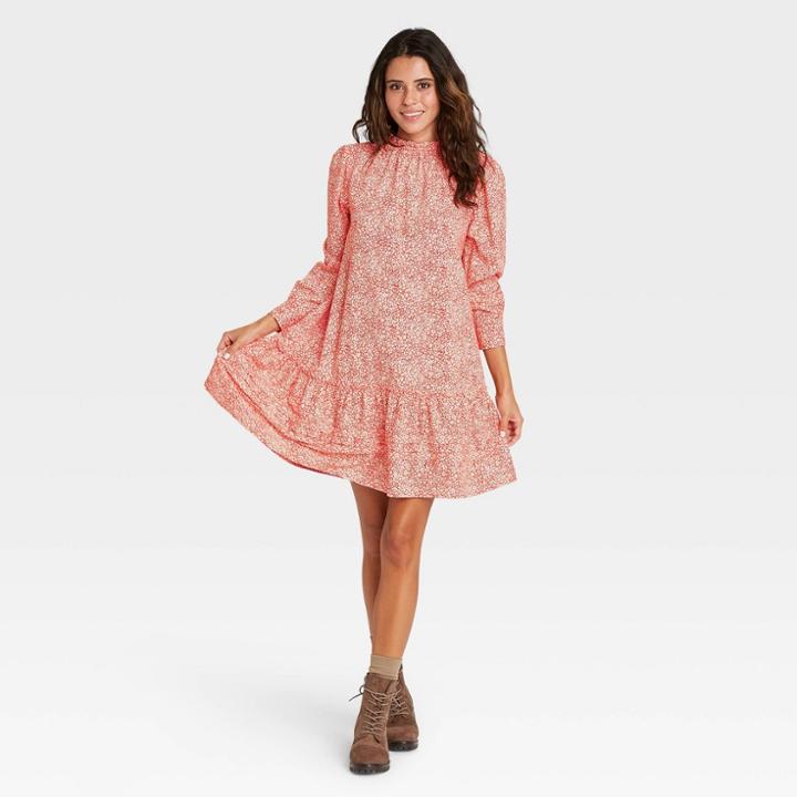 Women's Floral Print Puff Long Sleeve Ruffle Dress - Universal Thread Red