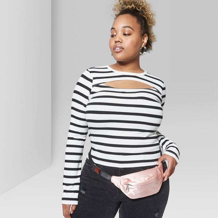 Women's Striped Plus Size Long Sleeve Rib Top With Chest Cut Out - Wild Fable Black/white