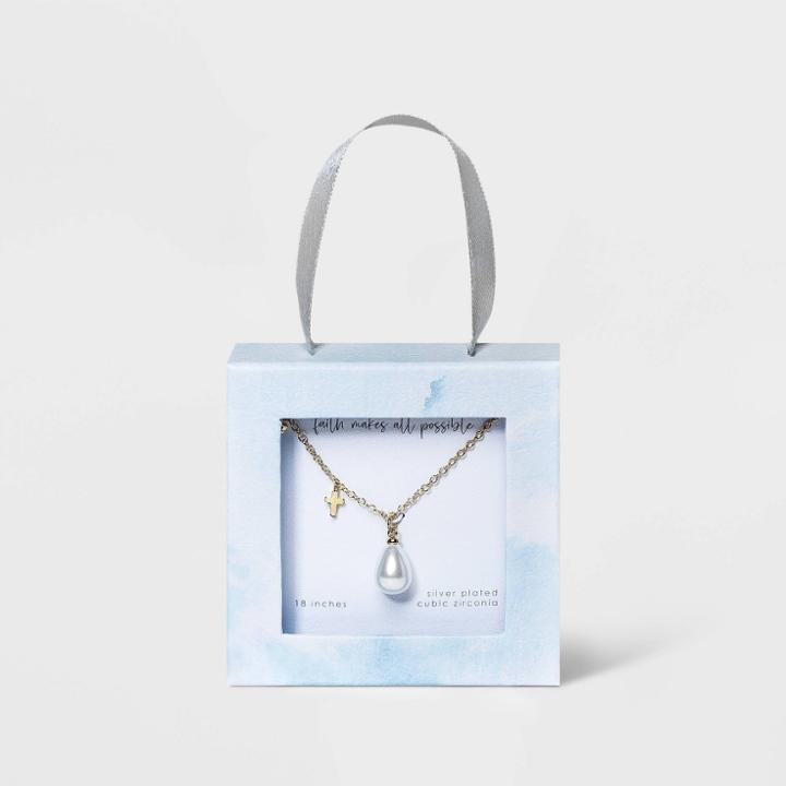 No Brand Silver Plated With Cream Pearl And Cubic Zirconia Cross Necklace - Cream