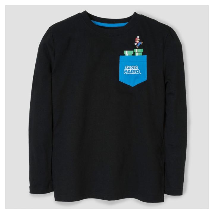 Boys' Super Mario Pocket Jumper Long Sleeve T-shirt - Black L, Boy's,