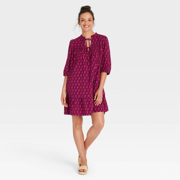 Women's Balloon Long Sleeve Tie-front Dress - Universal Thread Burgundy Floral