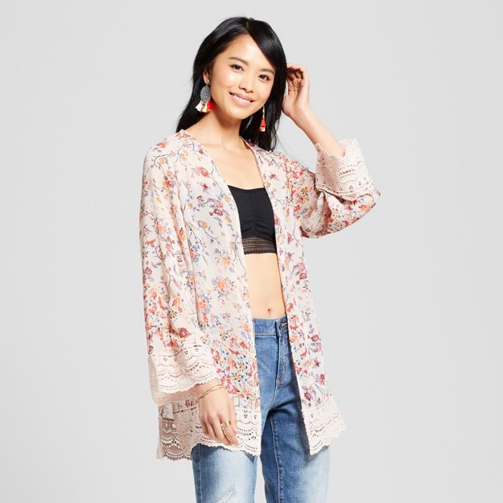 Women's Floral Print Lace Trim Kimono - Xhilaration Natural