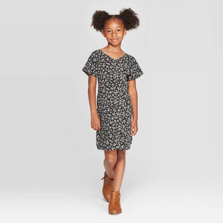 Girls' Button-front Short Sleeve Dress - Art Class Black