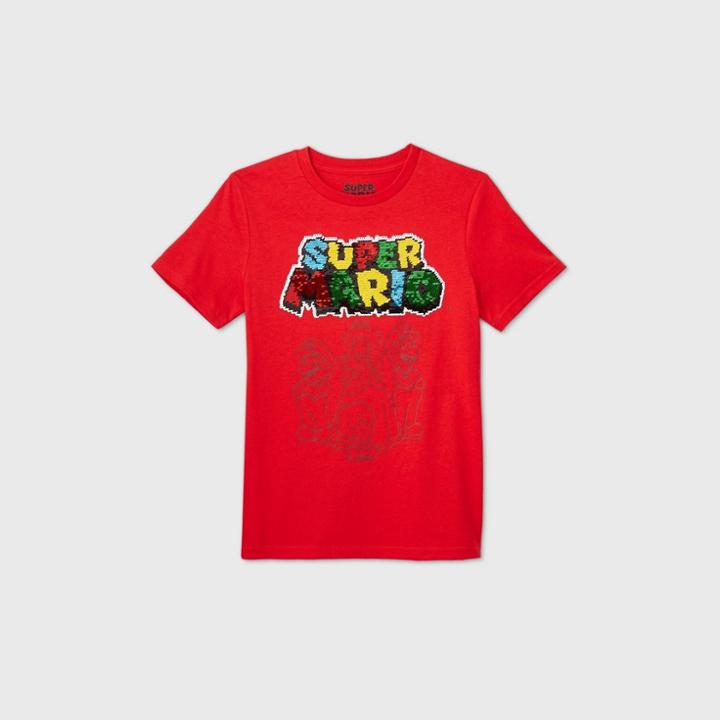 Boys' Super Mario Flip Sequin Logo Short Sleeve T-shirt - Red