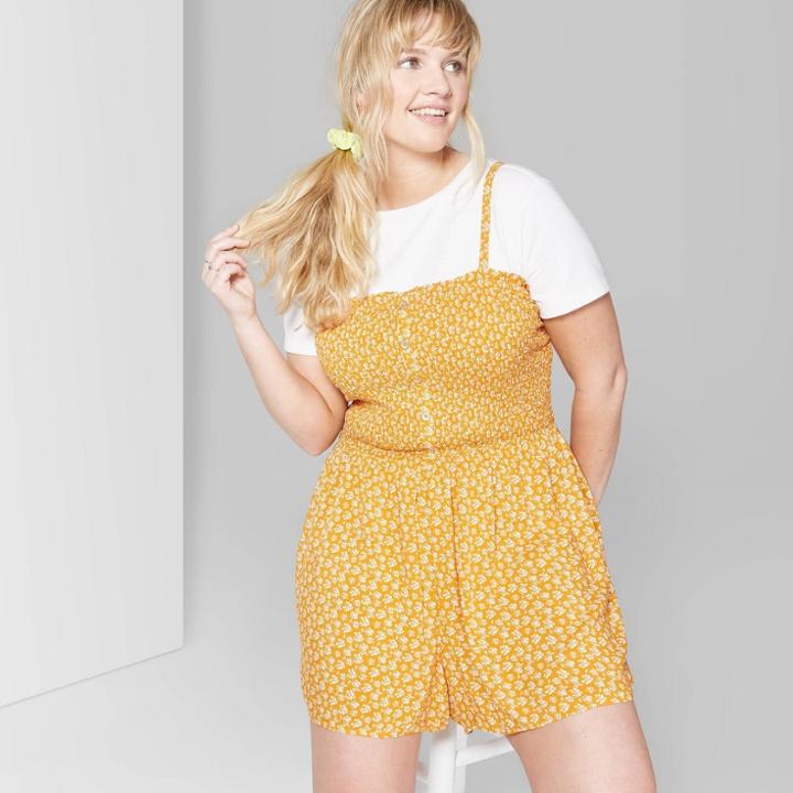 Target Women's Plus Size Floral Print Strappy Square Neck Button Front Smocked Romper - Wild Fable Orange Trick/almond Cream