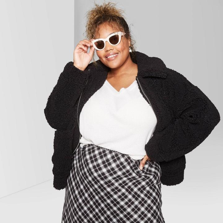 Women's Plus Size Long Sleeve Oversized Zip-up Sherpa Faux Fur Jacket - Wild Fable Black X/1x,