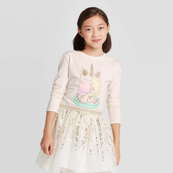 Girls' Long Sleeve Unicorn Cake Graphic T-shirt - Cat & Jack Cream S, Girl's, Size: