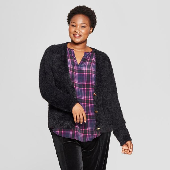 Women's Plus Size Fuzzy Button Front Cardigan - Ava & Viv Black