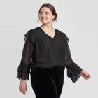 Women's Plus Size Printed Long Sleeve V-neck Blouse - A New Day Black X, Women's