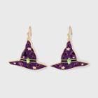 No Brand Halloween Encrusted Stone Witch Hat Drop Earrings - Purple