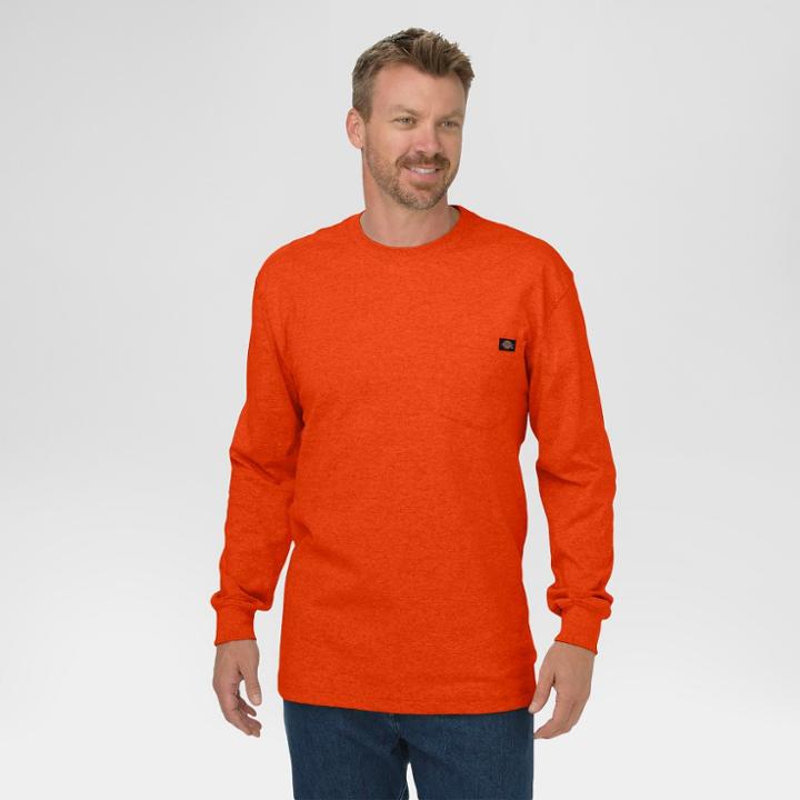 Dickies Men's Big & Tall Cotton Heavyweight Long Sleeve Pocket T-shirt- Orange