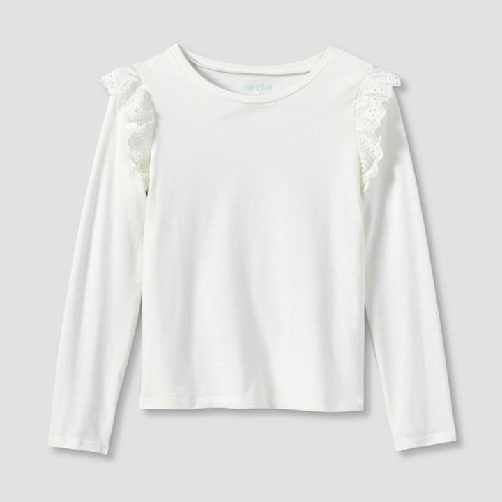 Girls' Long Sleeve Eyelet T-shirt - Cat & Jack Almond Cream Xs, Brown Ivory