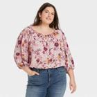 Women's Plus Size Floral Print 3/4 Sleeve Button-front Top - Knox Rose Ivory