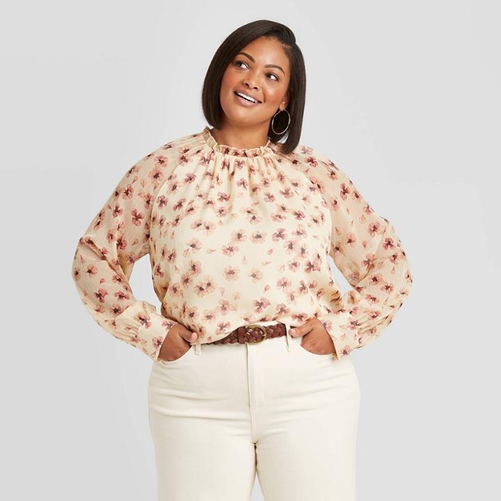 Women's Plus Size Floral Print Long Sleeve Ruffle Blouse - Ava & Viv White X