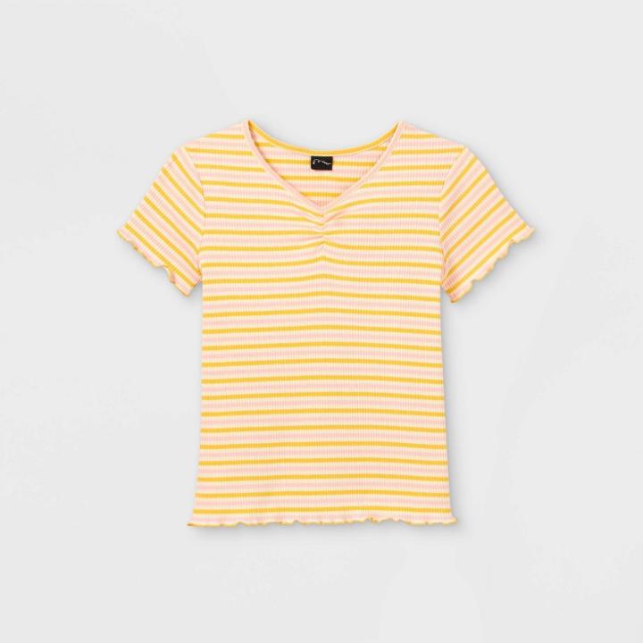 Girls' Cinch Front Lettuce Edge Short Sleeve T-shirt - Art Class Light Pink/yellow