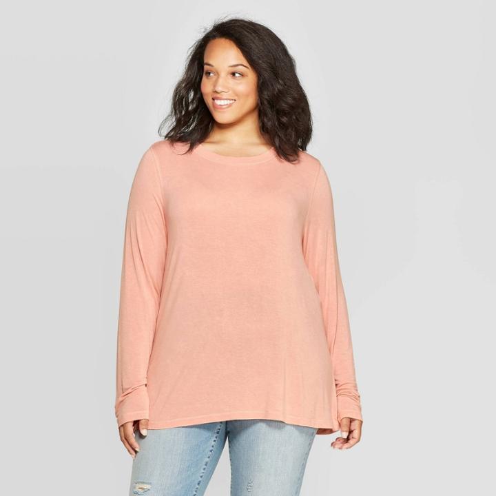 Women's Plus Size Long Sleeve Crewneck T-shirt - Universal Thread Pink