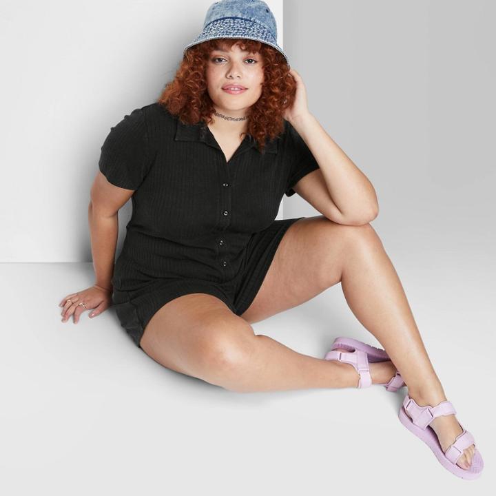 Women's Plus Size Short Sleeve Collared Button-front Romper - Wild Fable Black