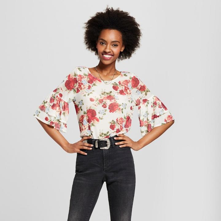 Women's Floral Print Double Ruffle Sleeve Power Mesh Top - Almost Famous (juniors') Cream