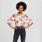 Women's Floral Print Double Ruffle Sleeve Power Mesh Top - Almost Famous (juniors') Cream