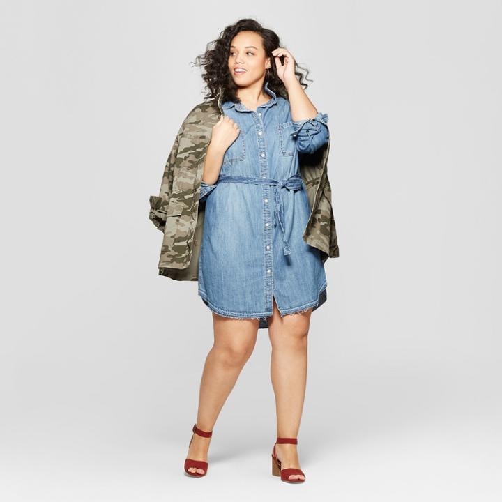 Women's Plus Size Long Sleeve Collared Denim Shirtdress - Universal Thread