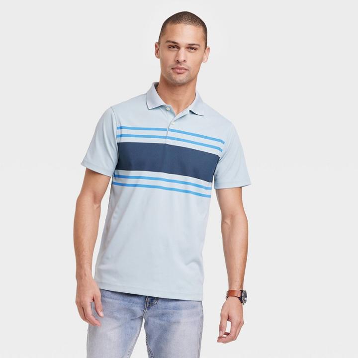 Men's Regular Fit Short Sleeve Performance Polo Shirt - Goodfellow & Co Light Blue/striped