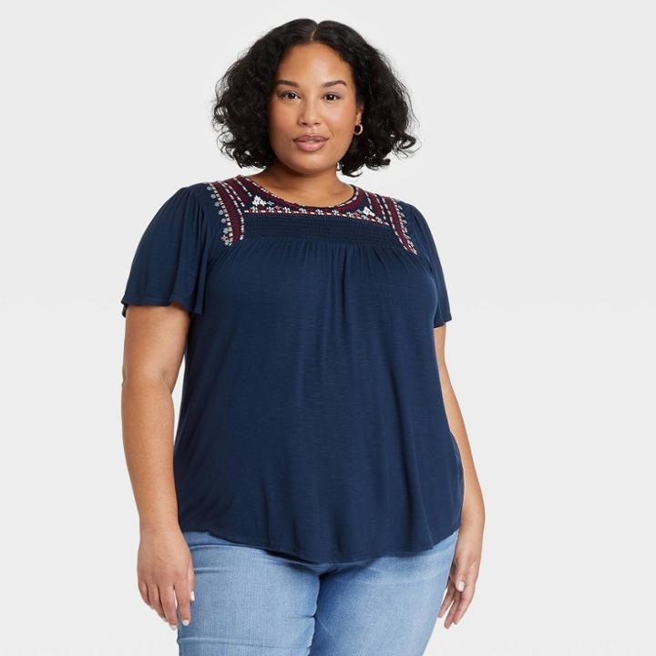 Women's Plus Size Flutter Short Sleeve Embroidered T-shirt - Knox Rose Navy