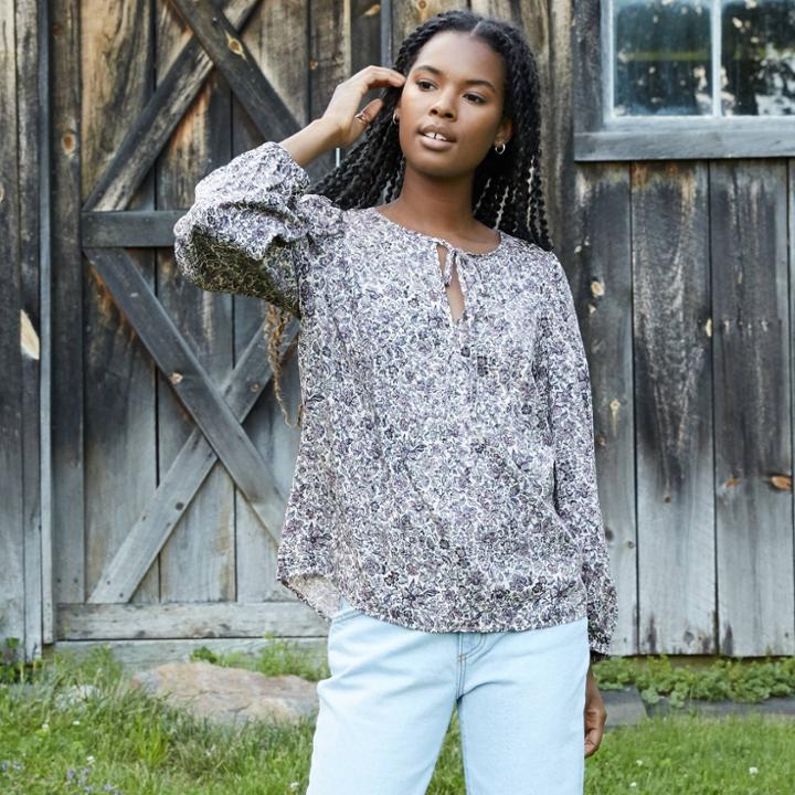 Women's Floral Print Long Sleeve Tie-front Peasant Top - Universal Thread Purple