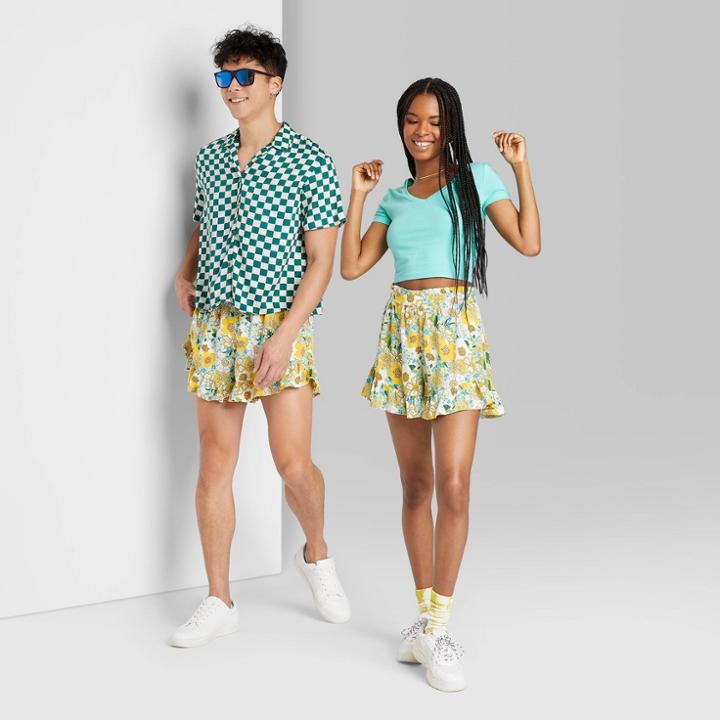 High-waisted Flutter Shorts - Wild Fable Green Floral