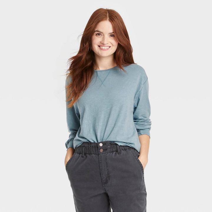 Women's Long Sleeve Boxy T-shirt - Universal Thread Light Teal