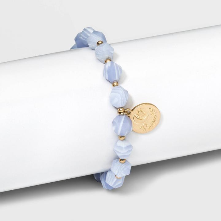 No Brand Silver Plated Blue Lace Agate Protect Charm Beaded Stretch Bracelet - Worn Gold