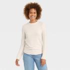Women's Long Sleeve Round Neck Side-tie Pullover Top - A New Day Cream