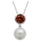 Prime Art & Jewel Genuine White Pearl And Garnet Pendant Necklace With 18 Chain, Girl's,