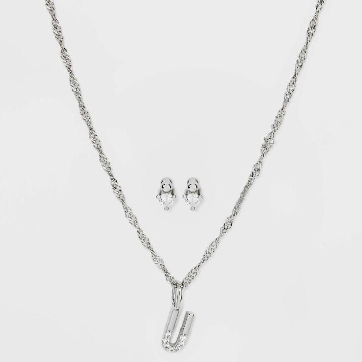 Silver Plated Cubic Zirconia 'u' Initial Earring And Pendant Necklace Set - A New Day
