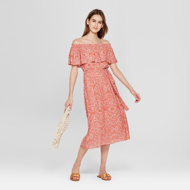 Eclair Women's Short Sleeve Off The Shoulder Tie Waist Bardot Midi Dress - Clair Red