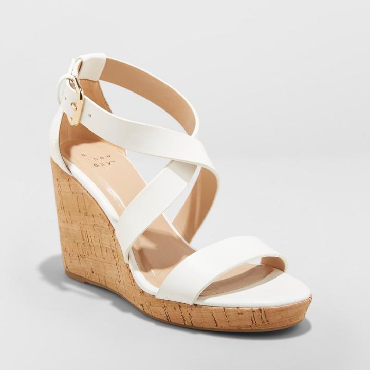 Women's Cecilia Strappy Cork Wedge Ankle Strap Sandal - A New Day White