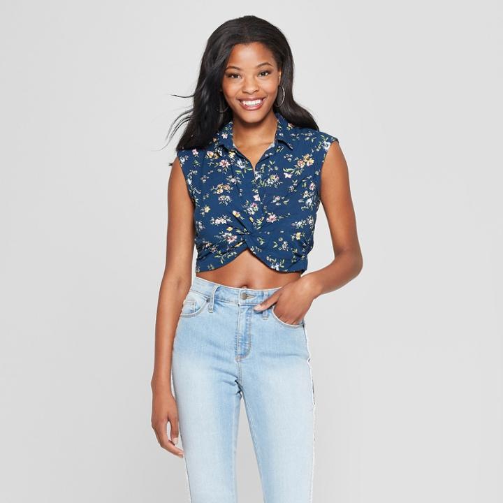 Women's Floral Print Sleeveless Knot Front Top - Lily Star (juniors') Navy