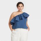 Women's Plus Size One Shoulder Ruffle Top - A New Day Blue