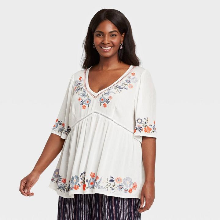 Women's Plus Size Short Sleeve Embroidered V-neck Top - Knox Rose White