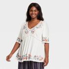 Women's Plus Size Short Sleeve Embroidered V-neck Top - Knox Rose White