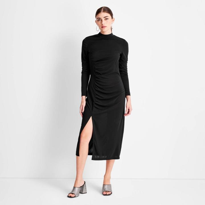 Women's Long Sleeve Mock Neck Side Ruched Slit Midi Dress - Future Collective With Kahlana Barfield Brown Black Xxs
