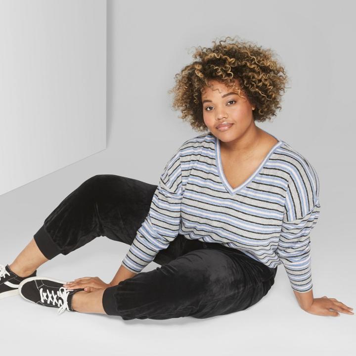 Women's Plus Size Striped Long Sleeve Boxy Hacci Top - Wild Fable Heather Gray
