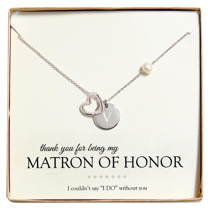 Cathy's Concepts Monogram Matron Of Honor Open Heart Charm Party Necklace - V,