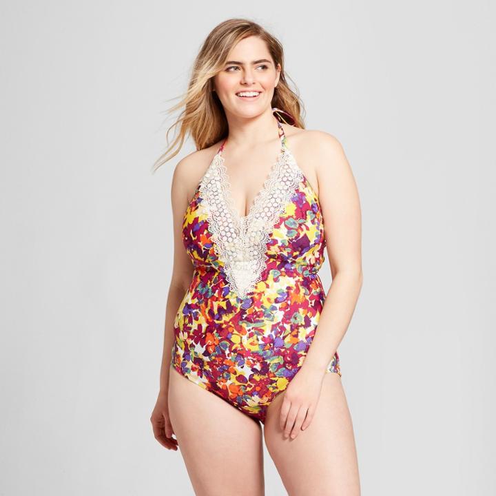 Sea Angel Women's Floral Lace One Piece - Yellow Floral 1x, Multicolored Yellow