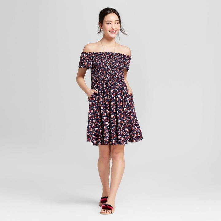 Women's Off The Shoulder Smocked Floral Dress - Xhilaration Navy (blue)/pink