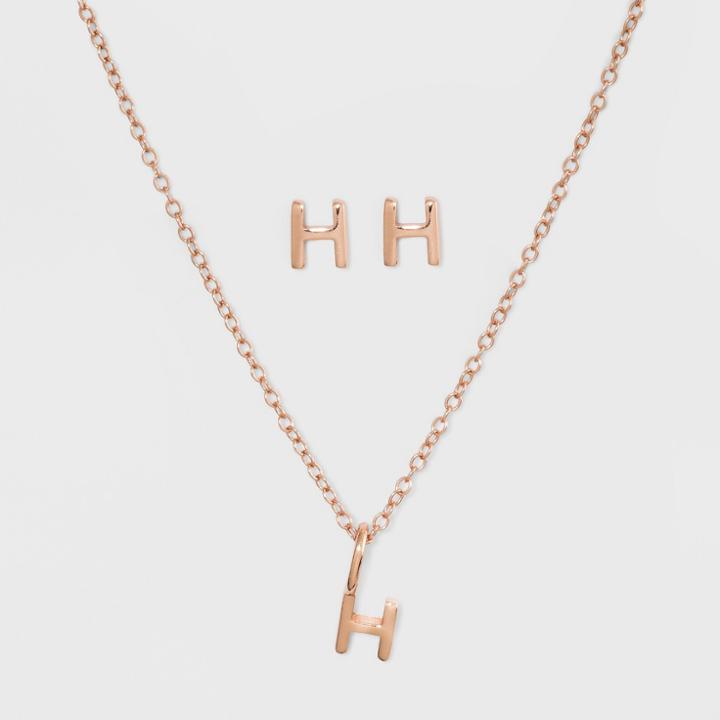 Sterling Silver Initial H Earrings And Necklace Set - A New Day Rose Gold, Girl's, Rose Gold - H