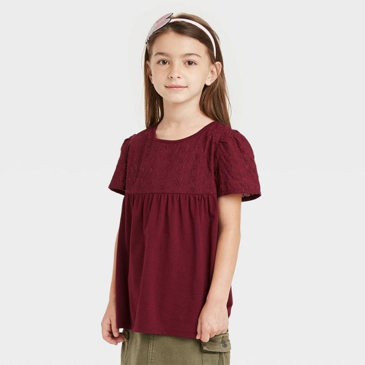 Girls' Eyelet Short Sleeve T-shirt - Cat & Jack Burgundy