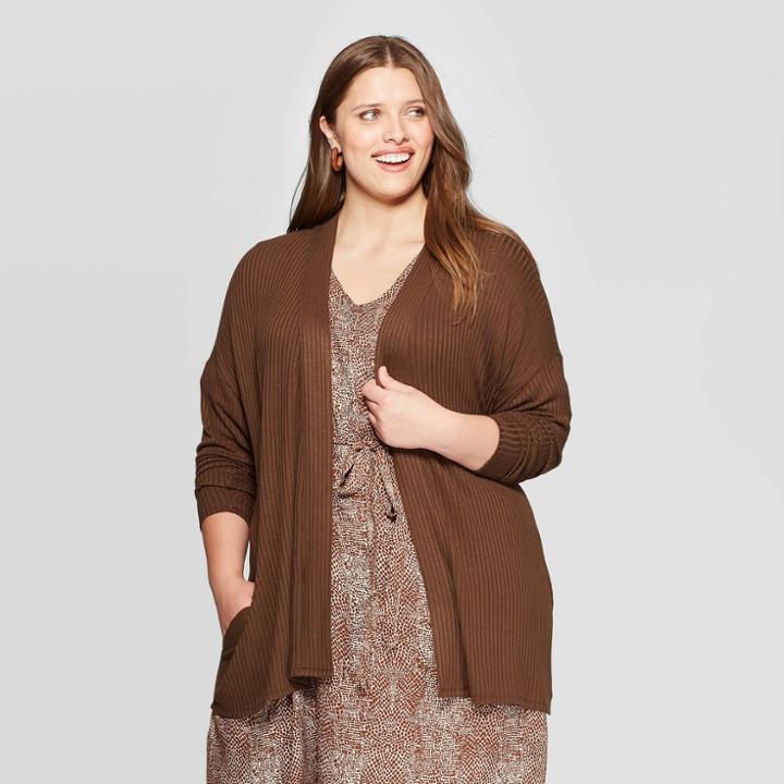 Women's Plus Size Open Layering Coat - A New Day Brown
